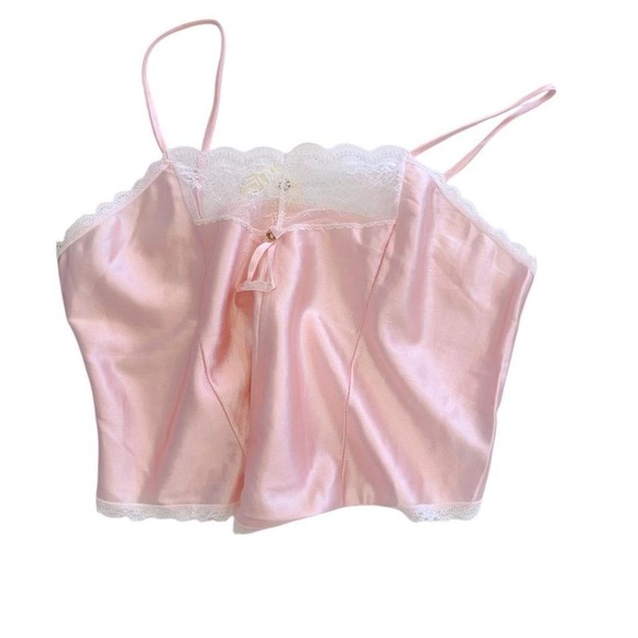Tops - Vintage 80s Pink satin cropped tank top with lace details